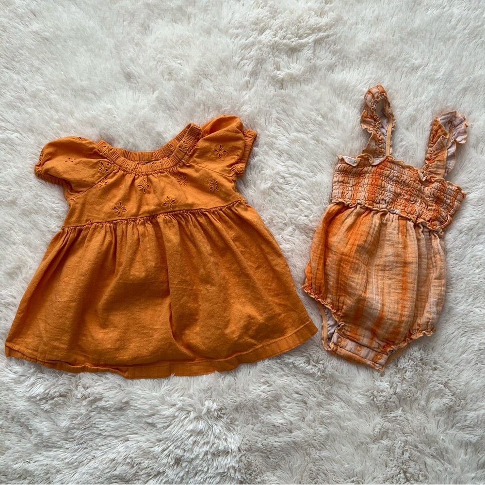 Old Navy Orange Puff Sleeve Eyelet Dress and Cat & Jack Orange Tie Dye Romper